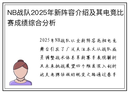 NB战队2025年新阵容介绍及其电竞比赛成绩综合分析